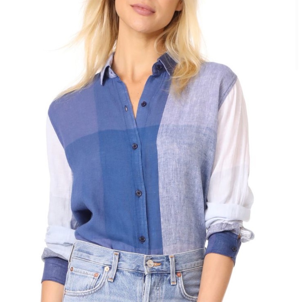 Rails Charli Portofino Plaid Blue Button Top Blouse Linen Blend Size
